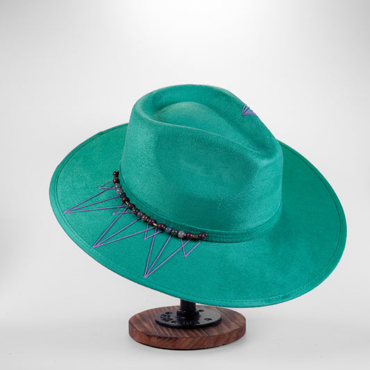 Handcrafted Boho Emerald Jungle Hat – Green Suede Fedora with Violet Stitching & Beaded Band