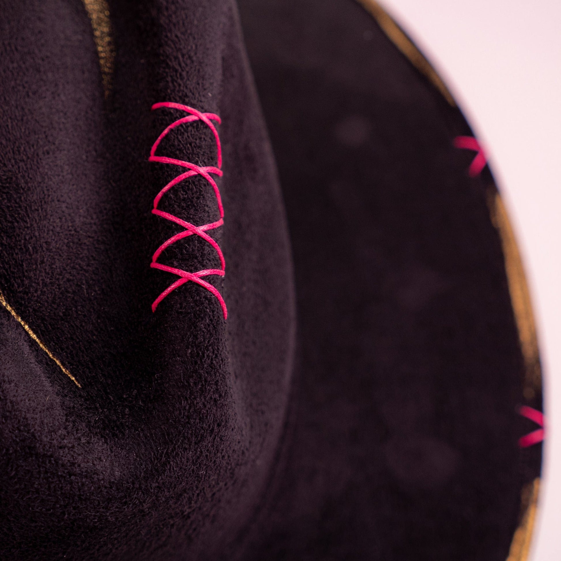 Aukala Hat Handcrafted Boho Ajaw Obsidiana Hat – Black Suede Fedora with Gold Trim & Pink Beaded Accent