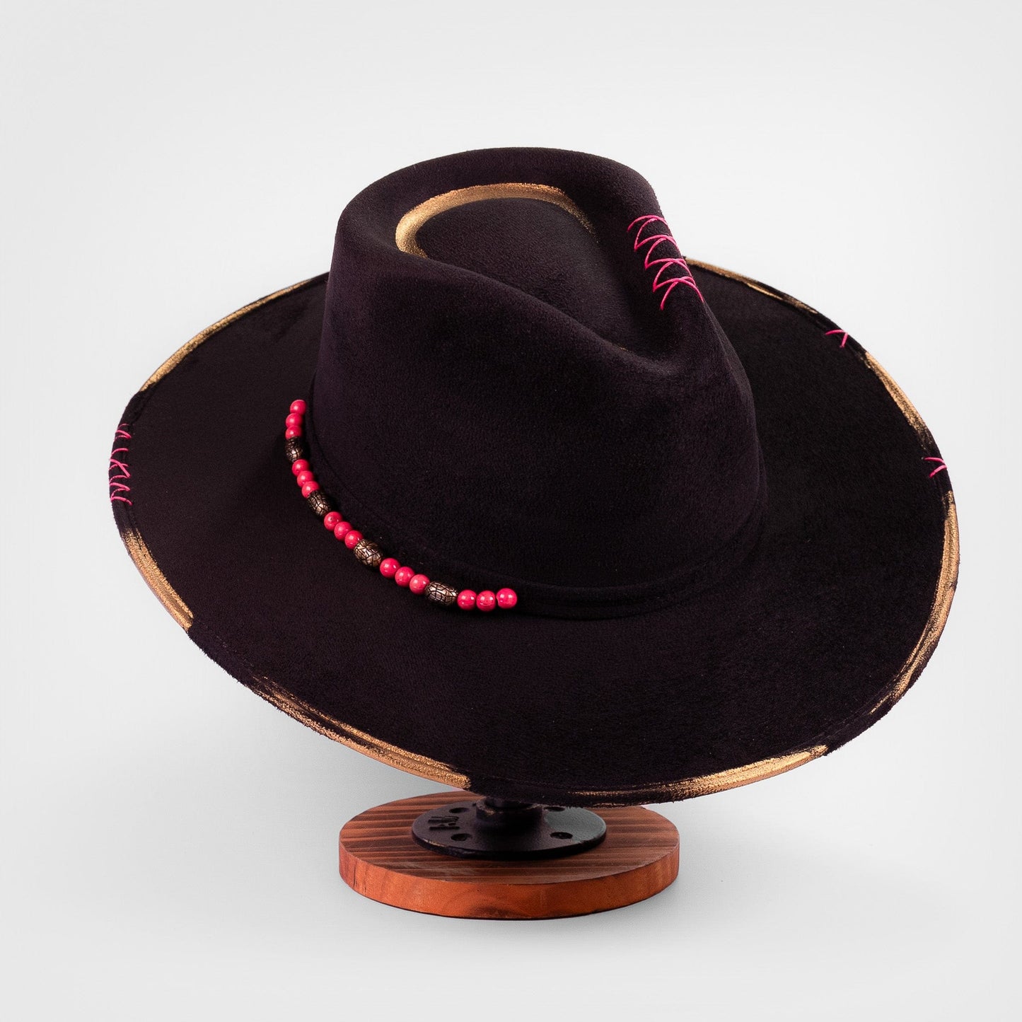 Aukala Hat Handcrafted Boho Ajaw Obsidiana Hat – Black Suede Fedora with Gold Trim & Pink Beaded Accent