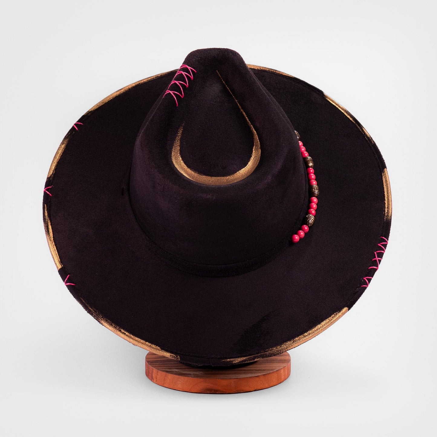 Aukala Hat Handcrafted Boho Ajaw Obsidiana Hat – Black Suede Fedora with Gold Trim & Pink Beaded Accent