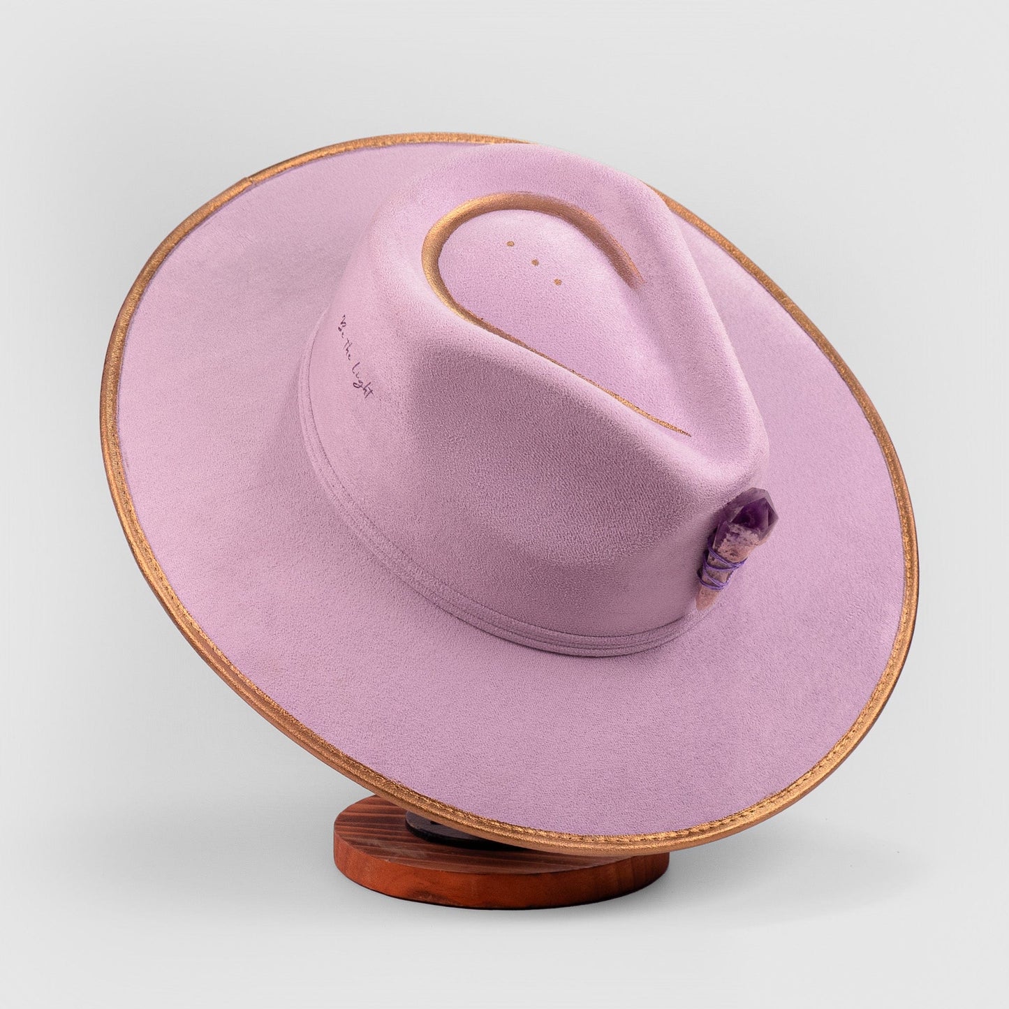Aukala Hat Handcrafted Boho Amethyst Dream Hat – Lavender Suede Fedora with Gold Trim & Amethyst Crystal Accent