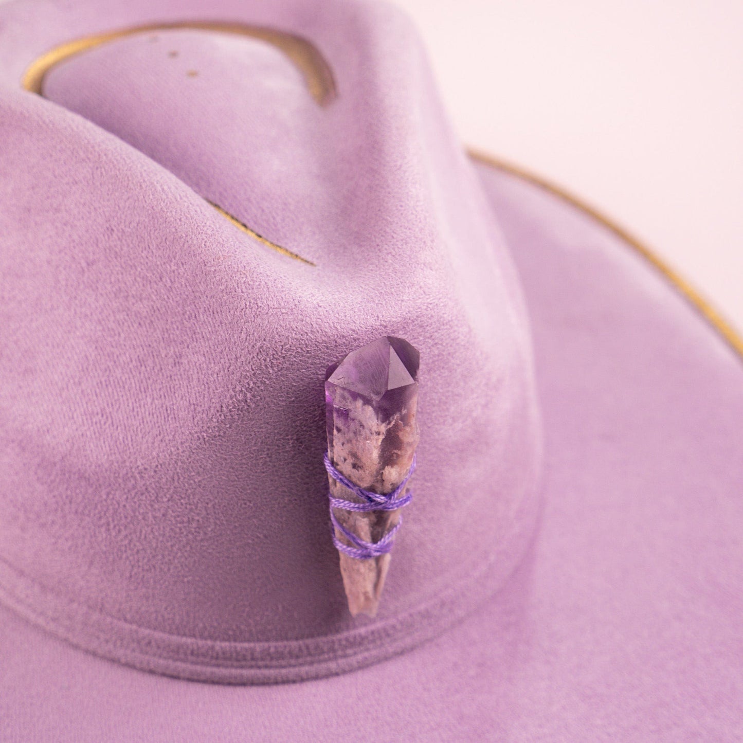 Aukala Hat Handcrafted Boho Amethyst Dream Hat – Lavender Suede Fedora with Gold Trim & Amethyst Crystal Accent