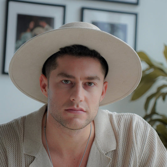 Aukala Hat Handcrafted Boho Arandu Hat – Sand Suede Fedora with Feather Accent & Earthy Tones