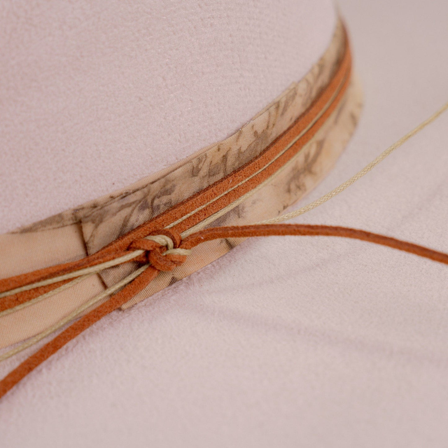 Aukala Hat Handcrafted Boho Desert Crescent Hat – Off-White Suede Fedora with Leather Band & Minimalist Stitching
