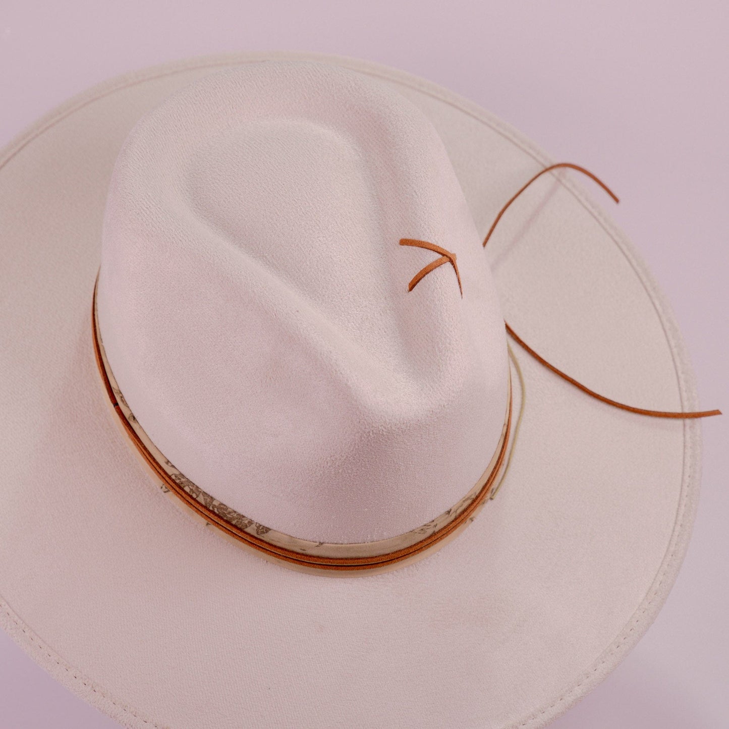 Aukala Hat Handcrafted Boho Desert Crescent Hat – Off-White Suede Fedora with Leather Band & Minimalist Stitching