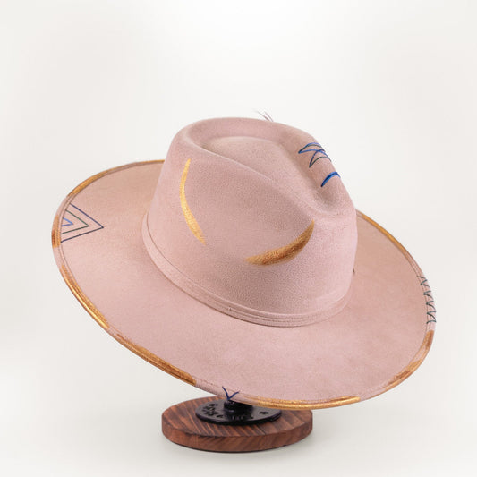Aukala Hat Handcrafted Boho Desert Spirit Hat – Blush Fedora with Feather & Gold Accents