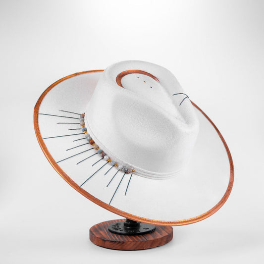 Aukala Hat Handcrafted Boho Eclipse – White Suede Hat with Copper Accents & Sunburst Beading