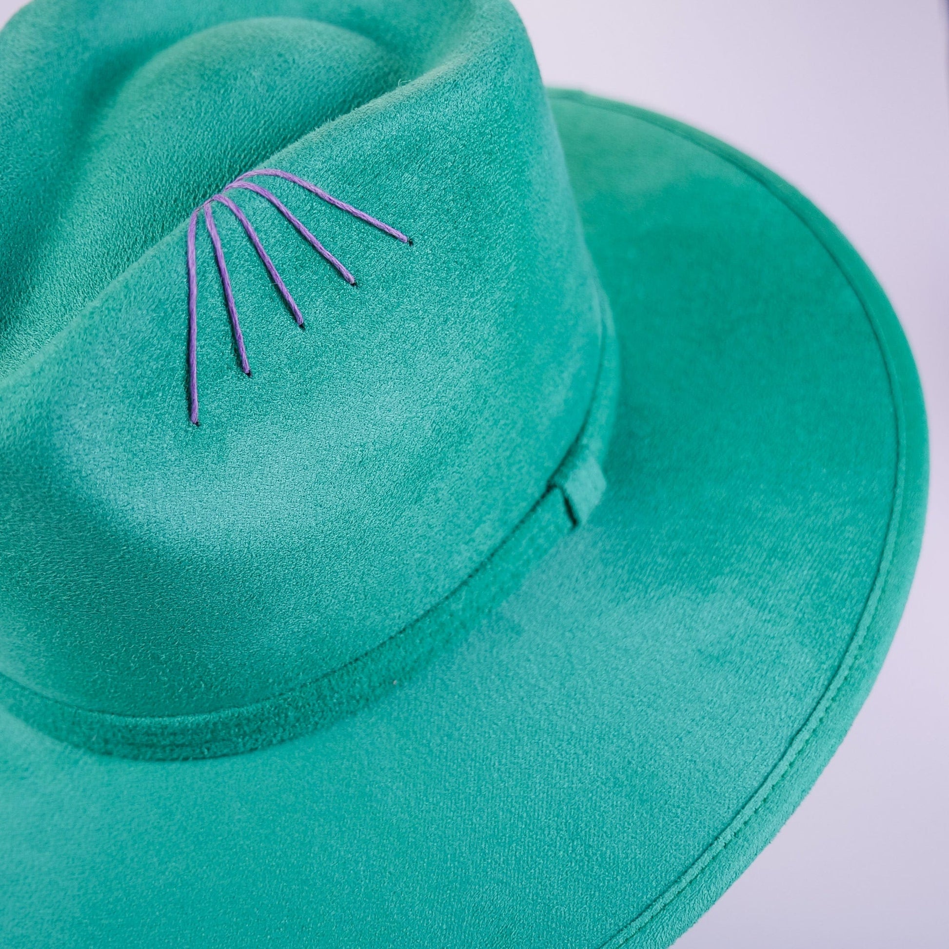 Aukala Hat Handcrafted Boho Emerald Jungle Hat – Green Suede Fedora with Violet Stitching & Beaded Band