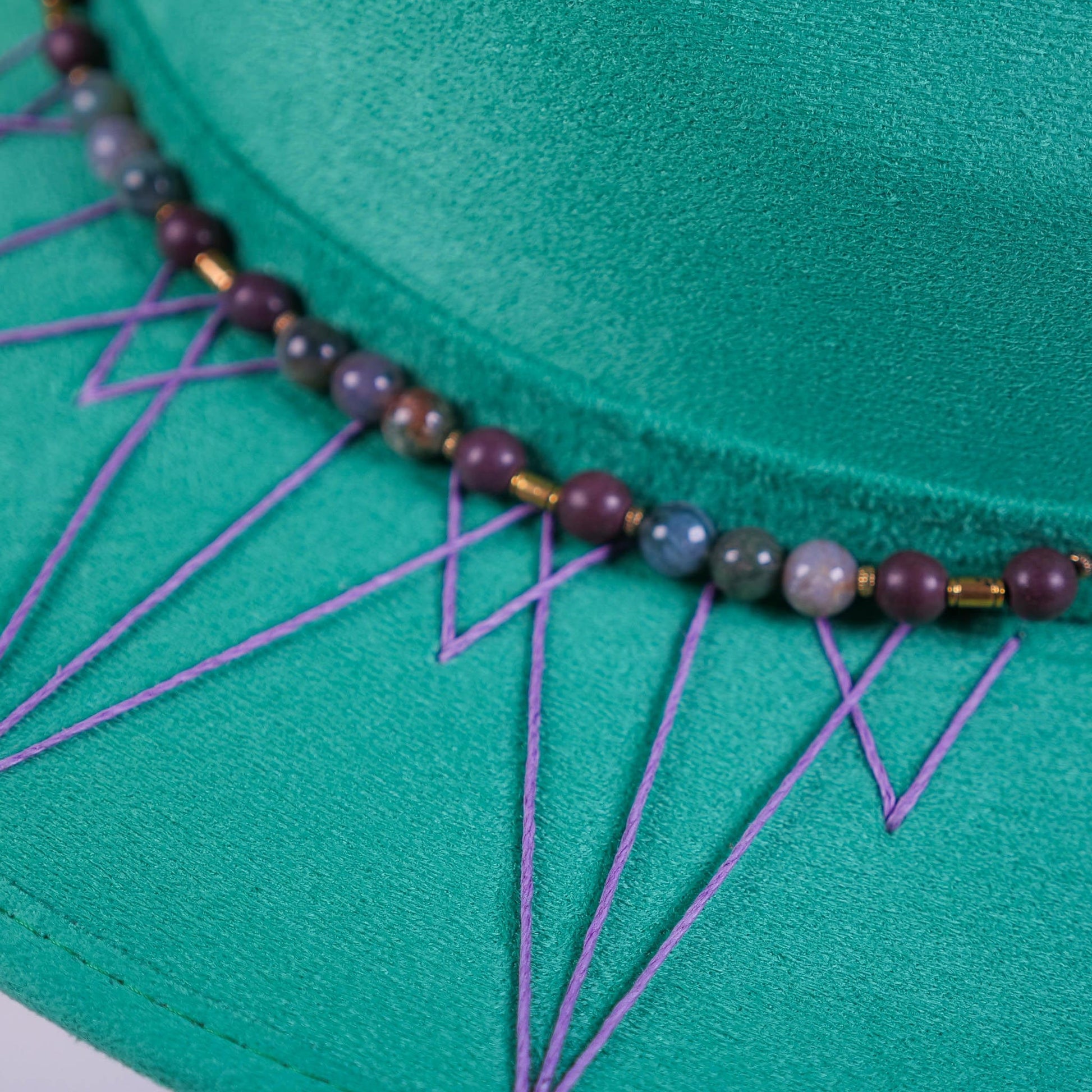 Aukala Hat Handcrafted Boho Emerald Jungle Hat – Green Suede Fedora with Violet Stitching & Beaded Band