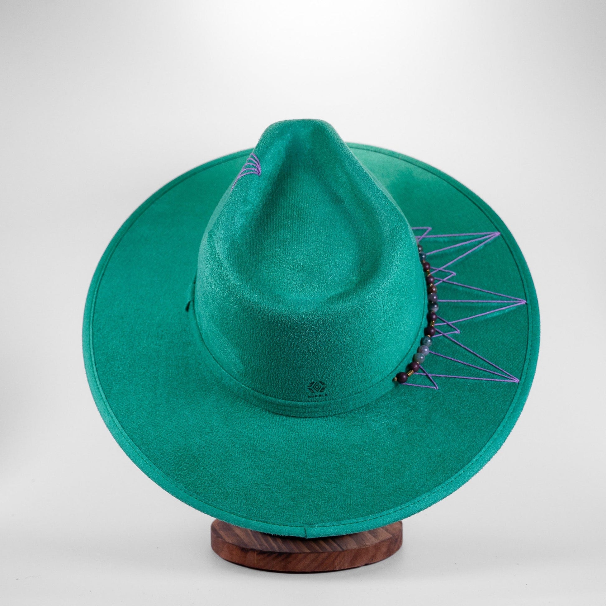 Aukala Hat Handcrafted Boho Emerald Jungle Hat – Green Suede Fedora with Violet Stitching & Beaded Band