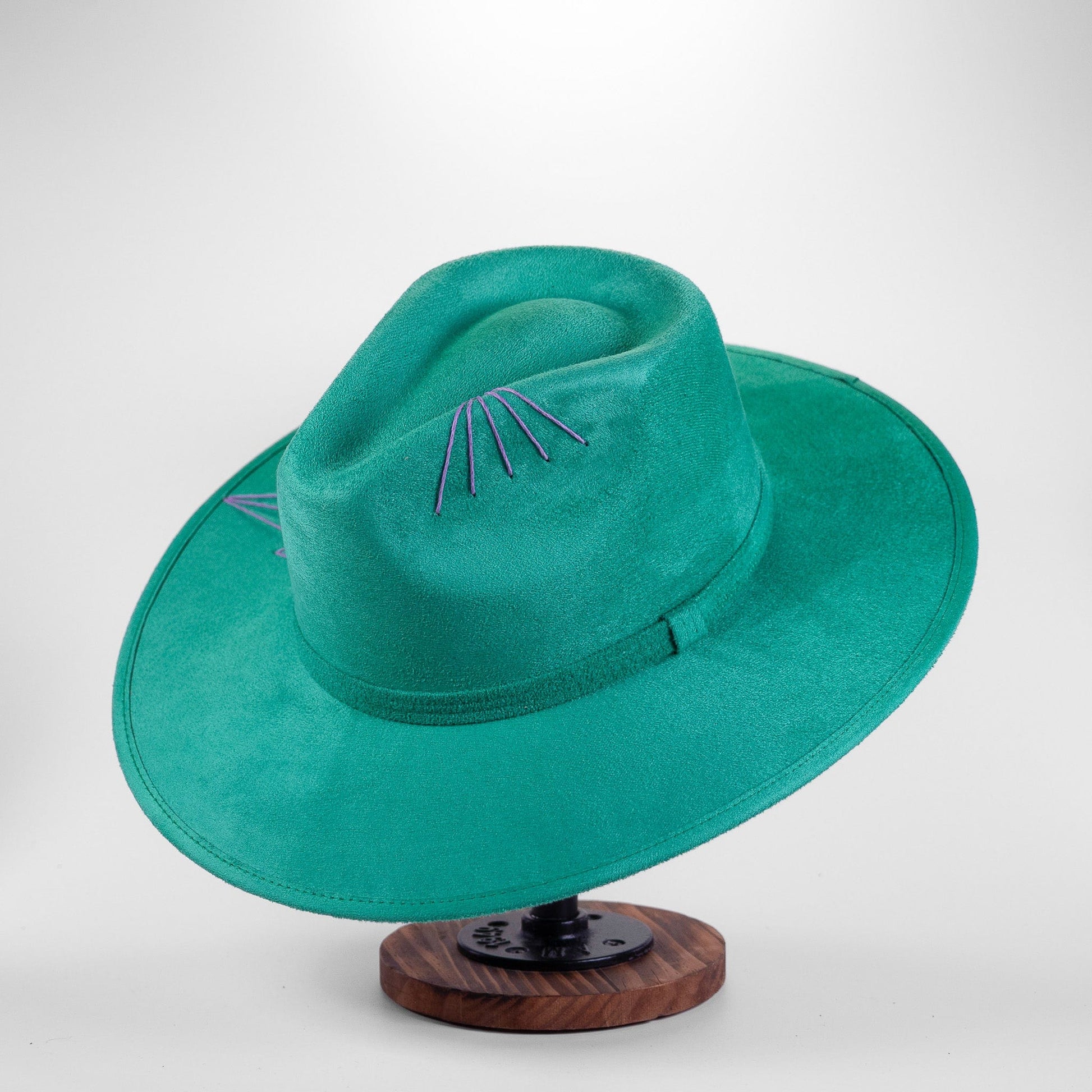 Aukala Hat Handcrafted Boho Emerald Jungle Hat – Green Suede Fedora with Violet Stitching & Beaded Band