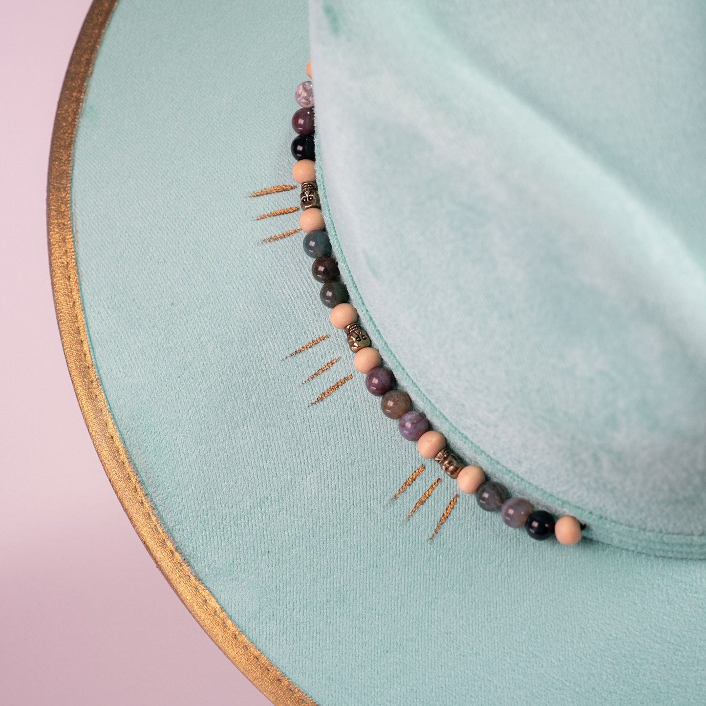 Aukala Hat Handcrafted Boho Itzá Jade Hat – Aqua Suede Fedora with Gold Trim & Beaded Accents
