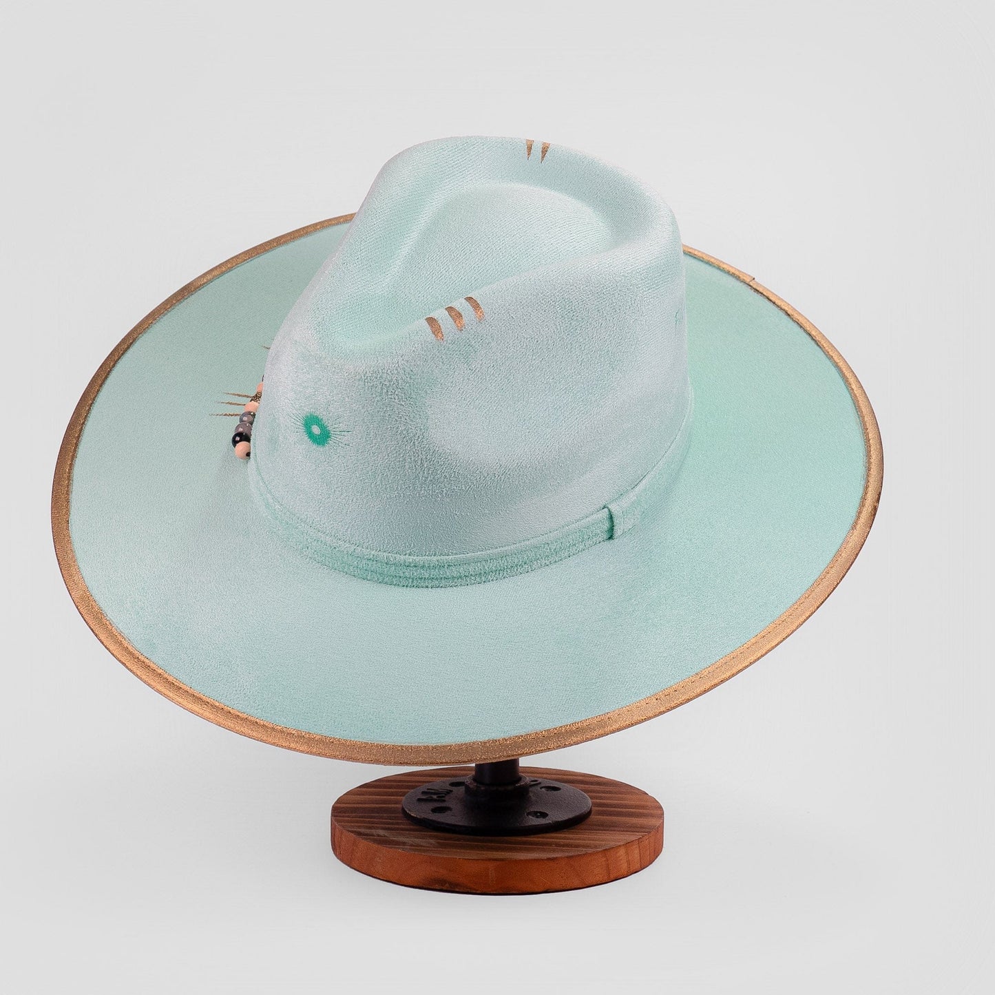 Aukala Hat Handcrafted Boho Itzá Jade Hat – Aqua Suede Fedora with Gold Trim & Beaded Accents
