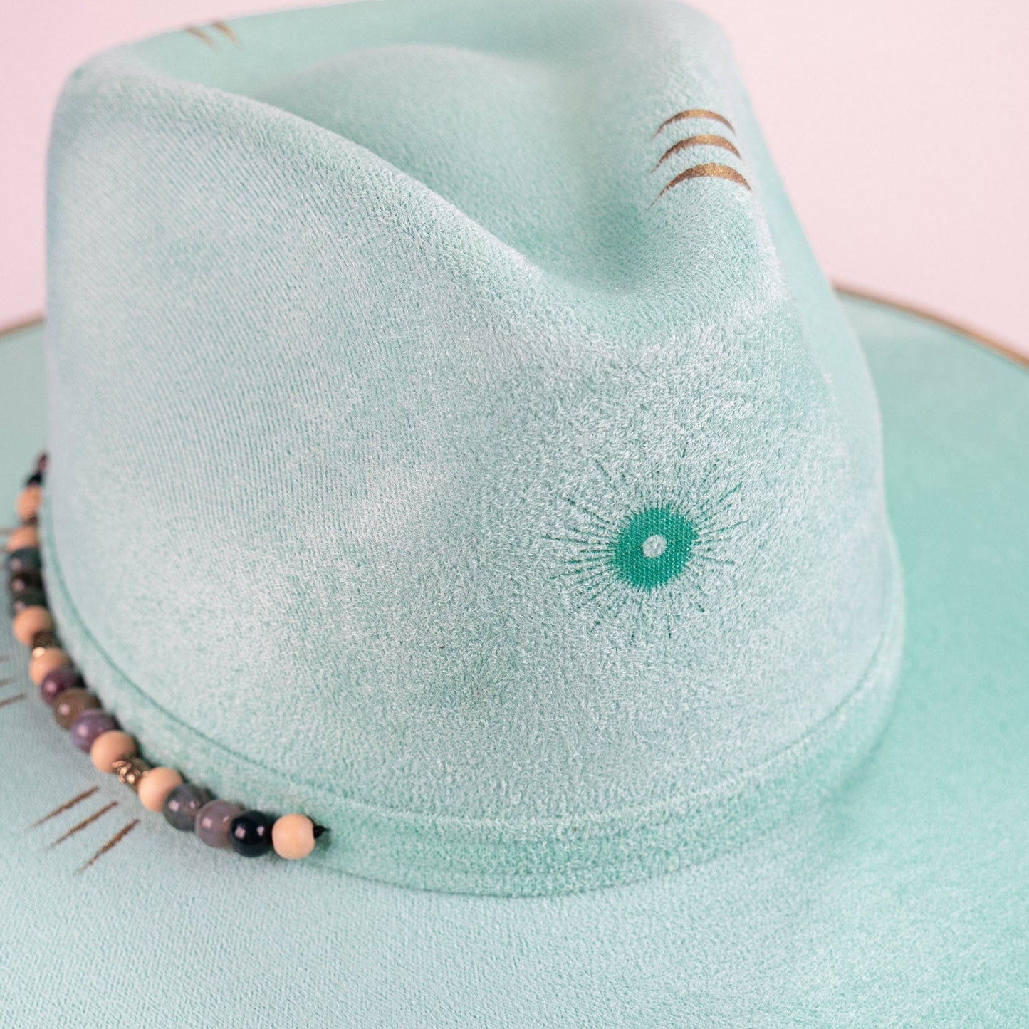 Aukala Hat Handcrafted Boho Itzá Jade Hat – Aqua Suede Fedora with Gold Trim & Beaded Accents