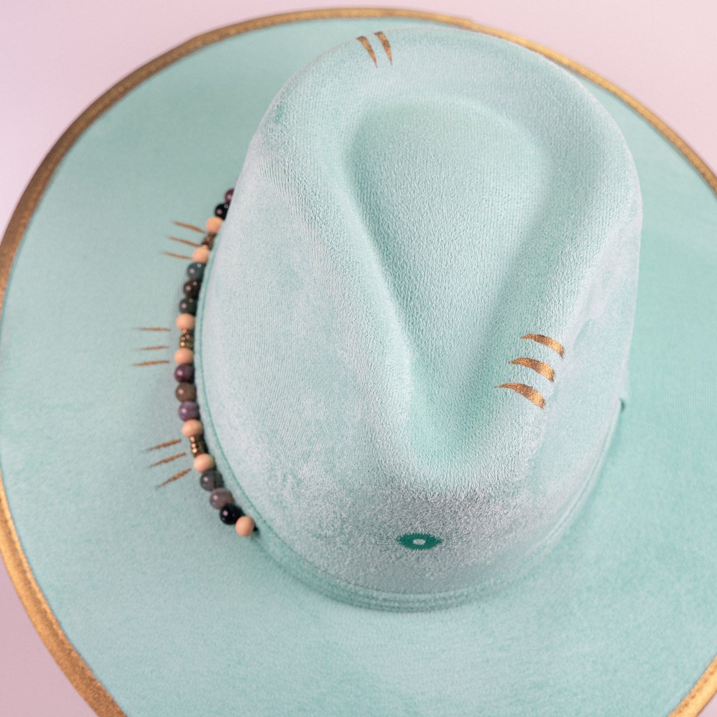 Aukala Hat Handcrafted Boho Itzá Jade Hat – Aqua Suede Fedora with Gold Trim & Beaded Accents