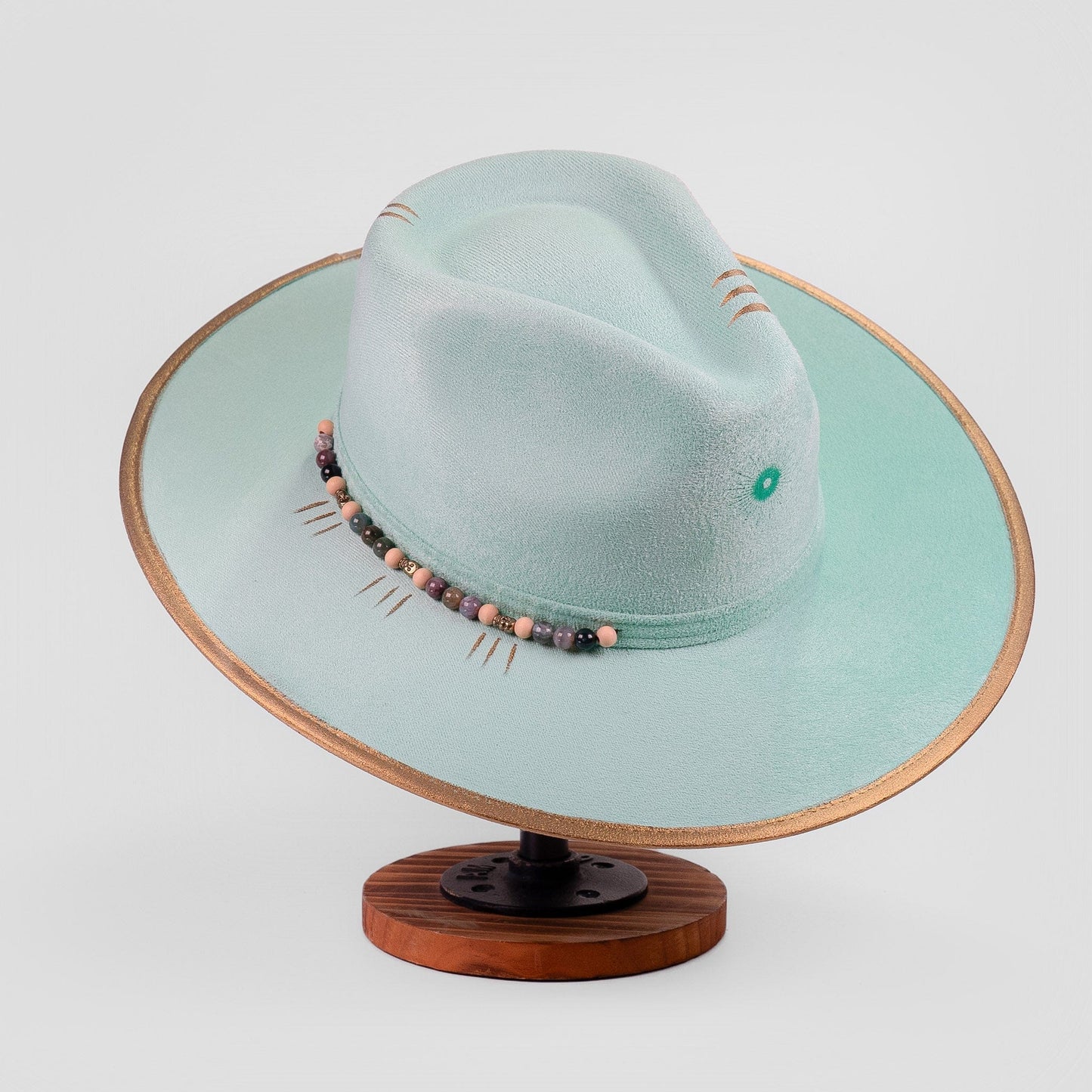 Aukala Hat Handcrafted Boho Itzá Jade Hat – Aqua Suede Fedora with Gold Trim & Beaded Accents