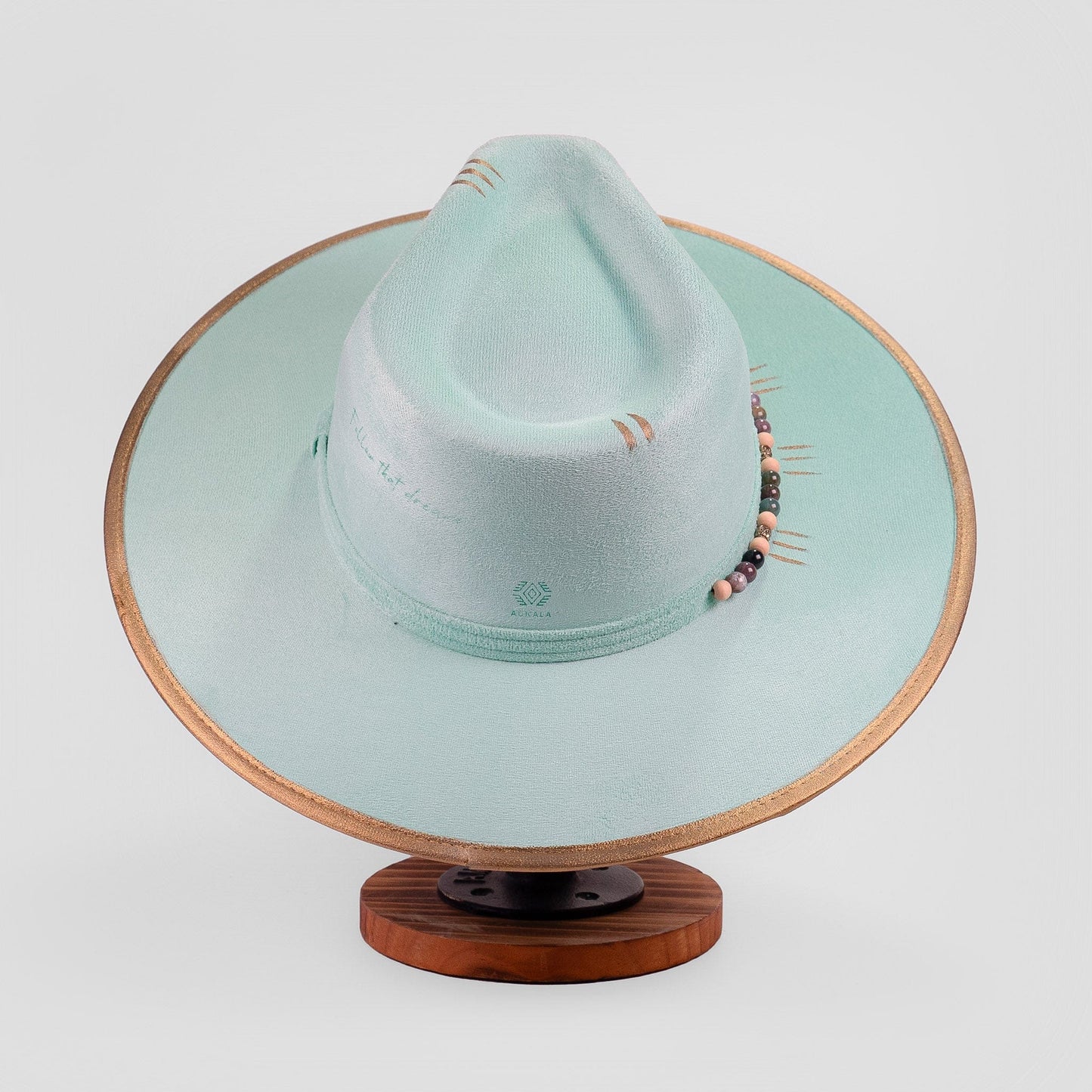 Aukala Hat Handcrafted Boho Itzá Jade Hat – Aqua Suede Fedora with Gold Trim & Beaded Accents