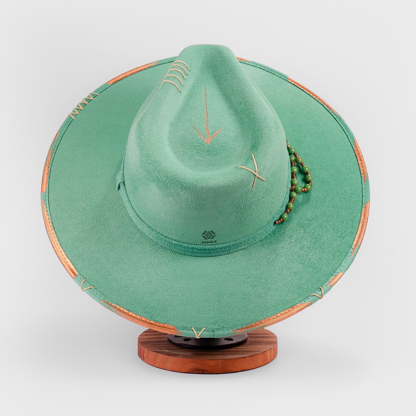 Aukala Hat Handcrafted Boho Itzel Hat – Green Suede Fedora with Gold Arrow & Beaded Accents