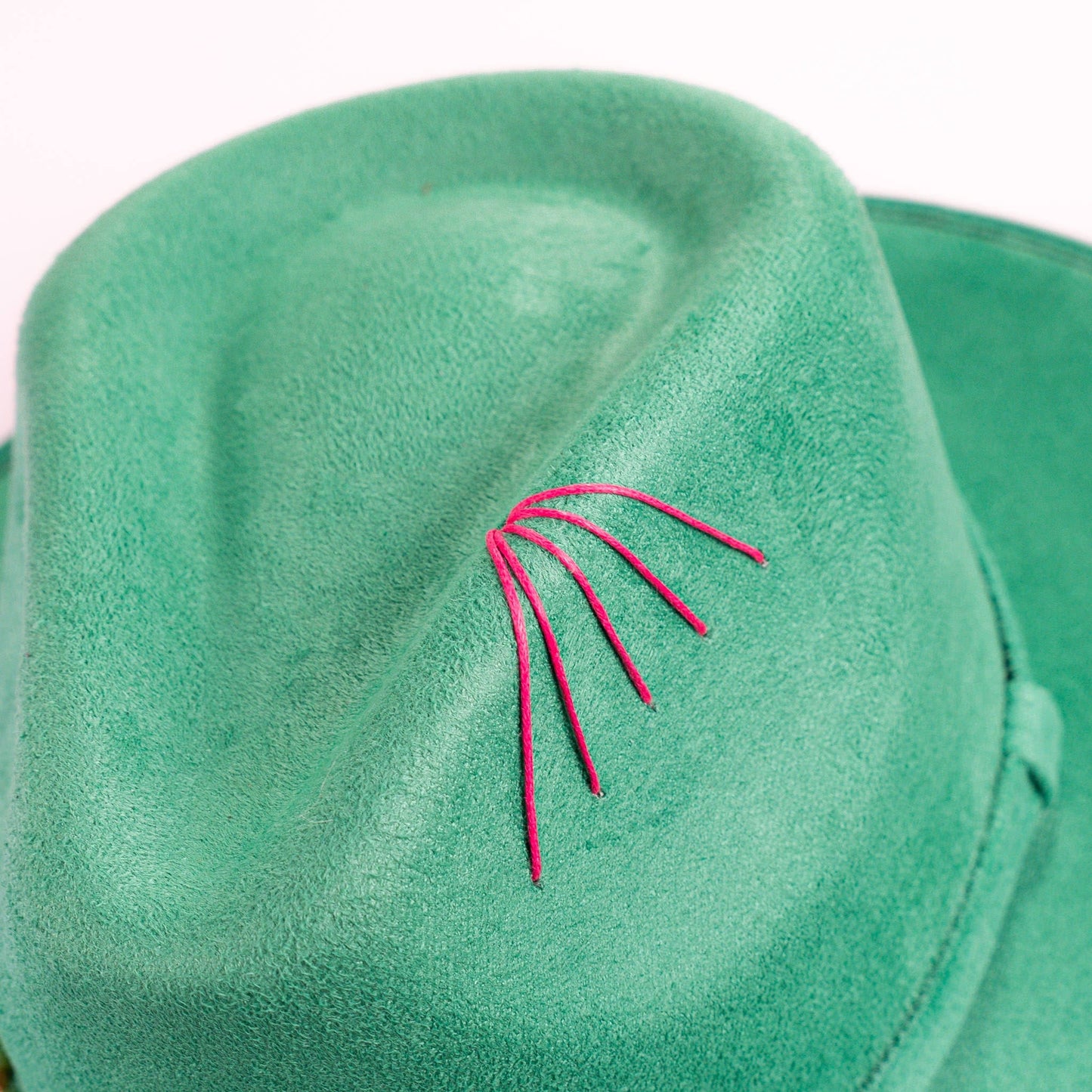 Aukala Hat Handcrafted Boho Kinari Hat – Emerald Suede Fedora with Red Stitching & Beaded Accents