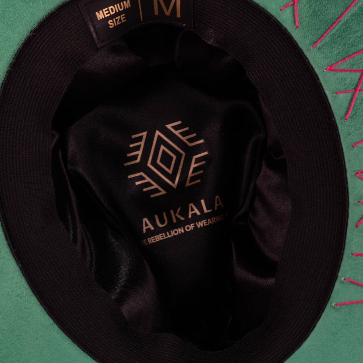 Aukala Hat Handcrafted Boho Kinari Hat – Emerald Suede Fedora with Red Stitching & Beaded Accents