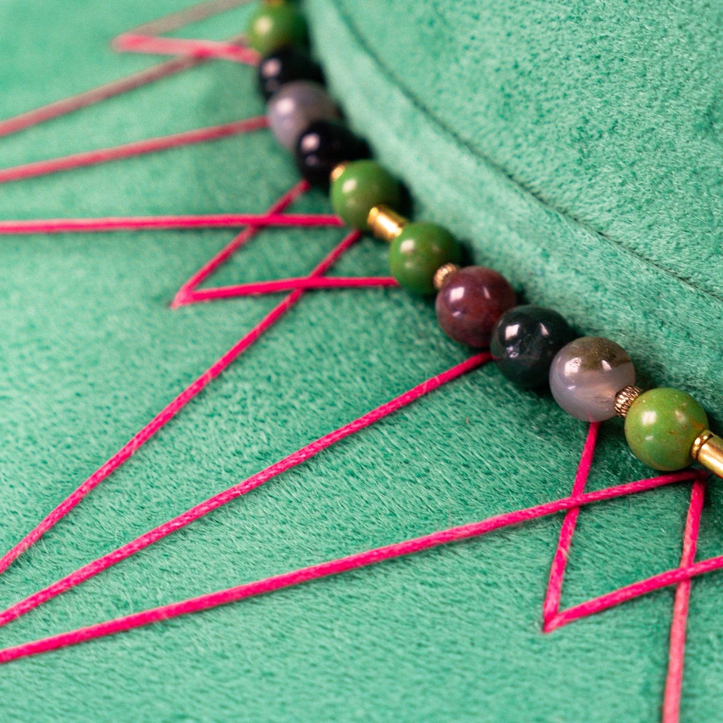 Aukala Hat Handcrafted Boho Kinari Hat – Emerald Suede Fedora with Red Stitching & Beaded Accents
