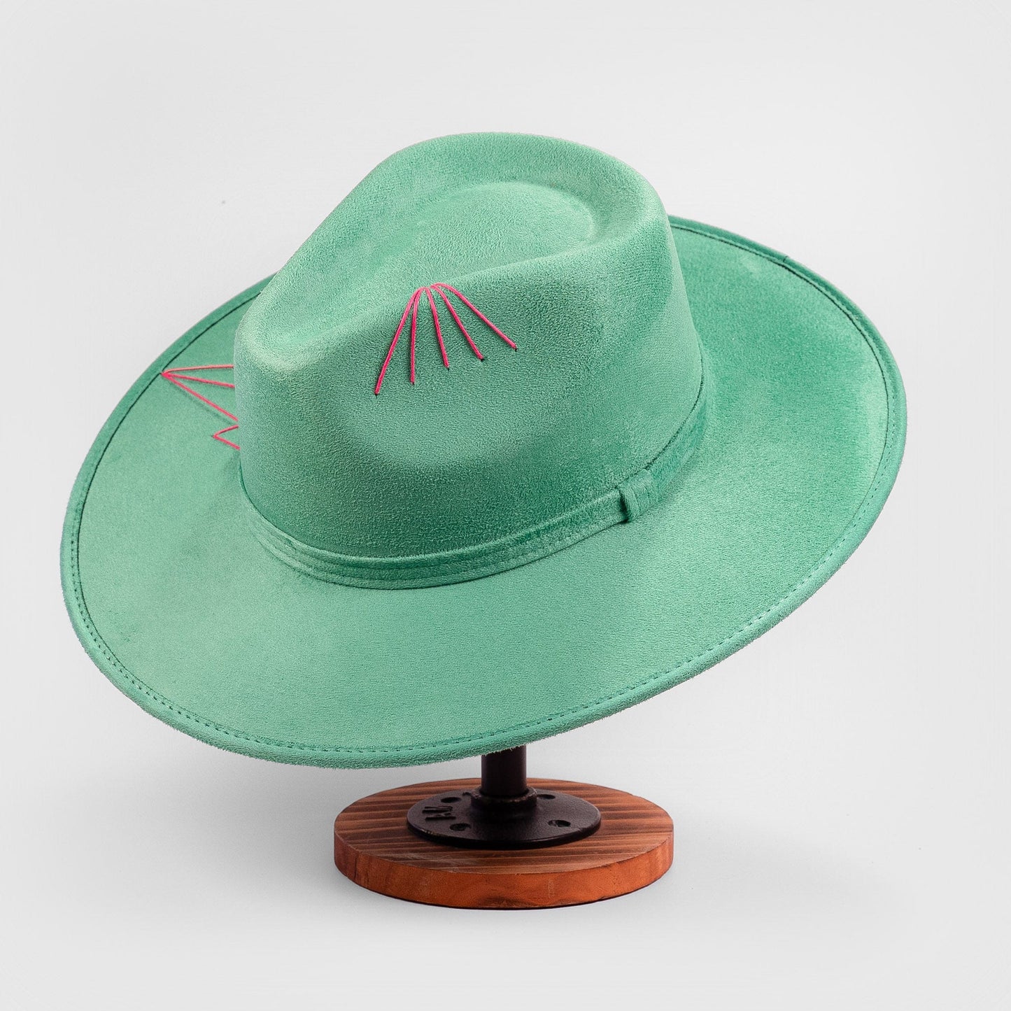 Aukala Hat Handcrafted Boho Kinari Hat – Emerald Suede Fedora with Red Stitching & Beaded Accents