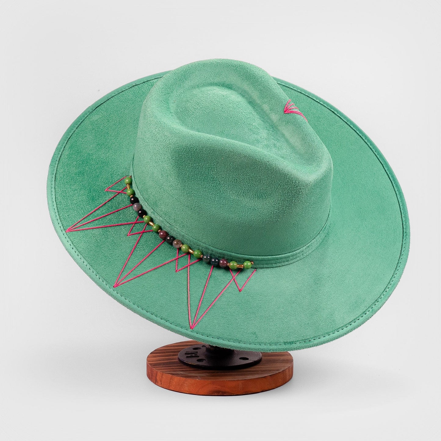 Aukala Hat Handcrafted Boho Kinari Hat – Emerald Suede Fedora with Red Stitching & Beaded Accents