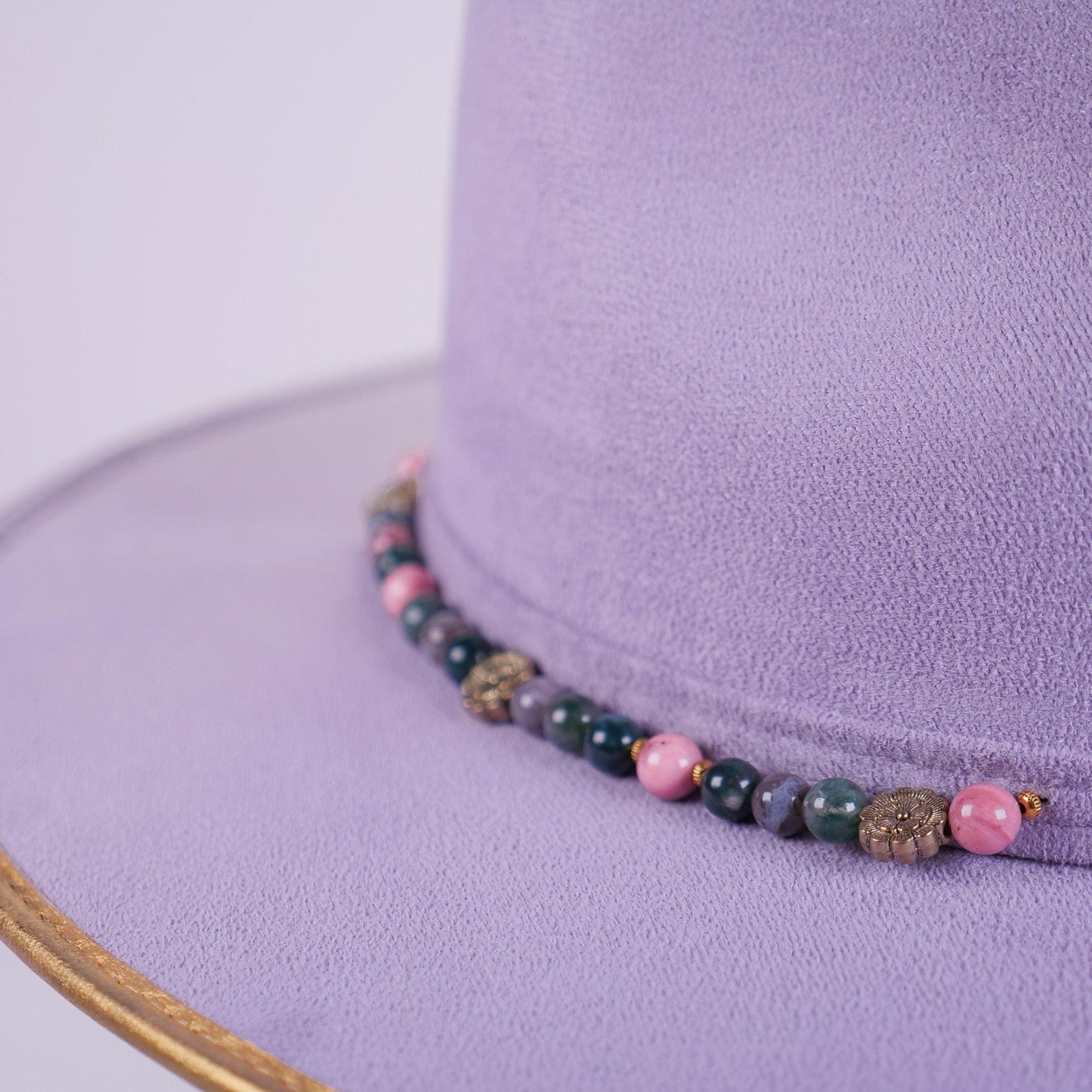 Aukala Hat Handcrafted Boho Lavender Sky Hat – Suede Fedora with Gold Trim & Multicolor Semi-Precious Beads