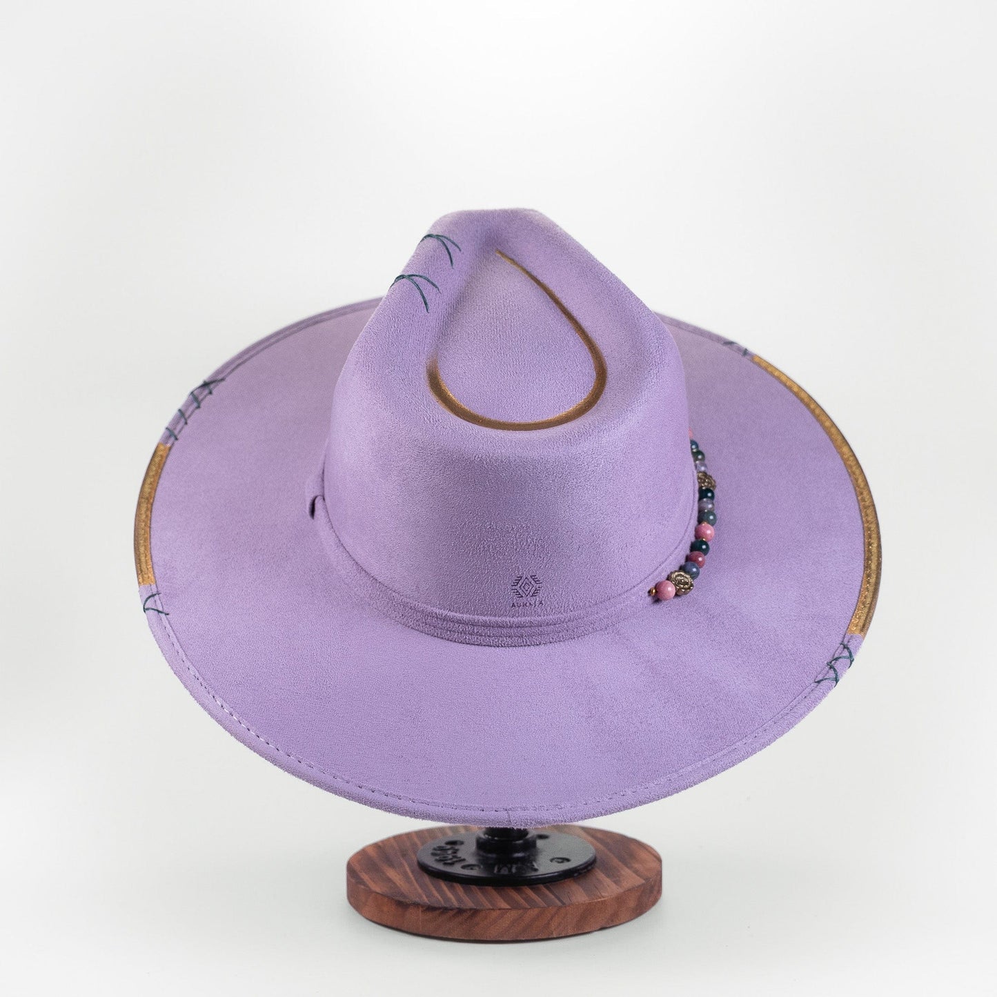 Aukala Hat Handcrafted Boho Lavender Sky Hat – Suede Fedora with Gold Trim & Multicolor Semi-Precious Beads