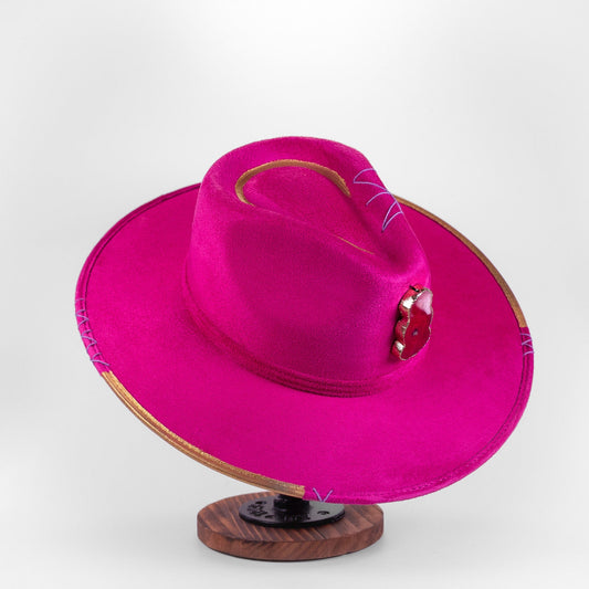 Aukala Hat Handcrafted Boho Magenta Fire Hat – Magenta Suede Fedora with Gold Trim