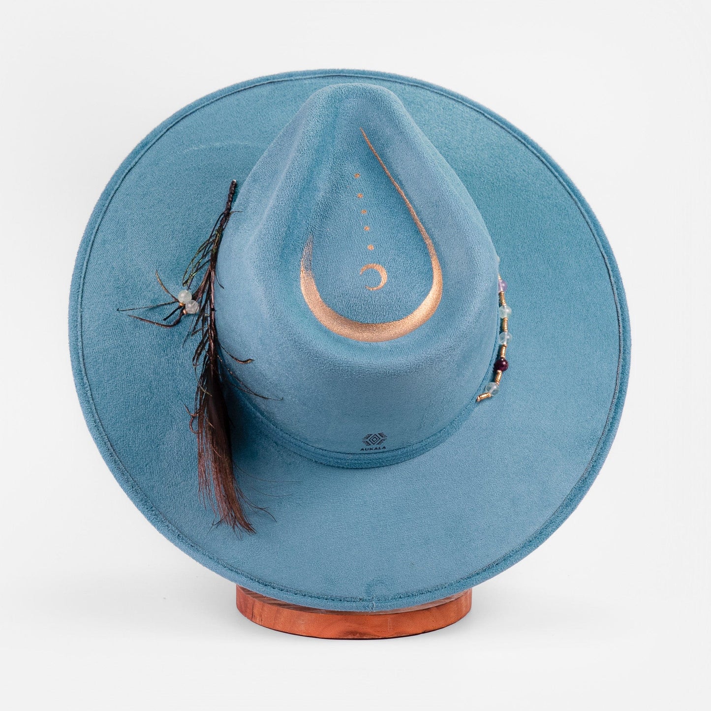 Aukala Hat Handcrafted Boho Nahual Celeste Hat – Teal Suede Fedora with Gold Moon, Peacock Feather & Beaded Details