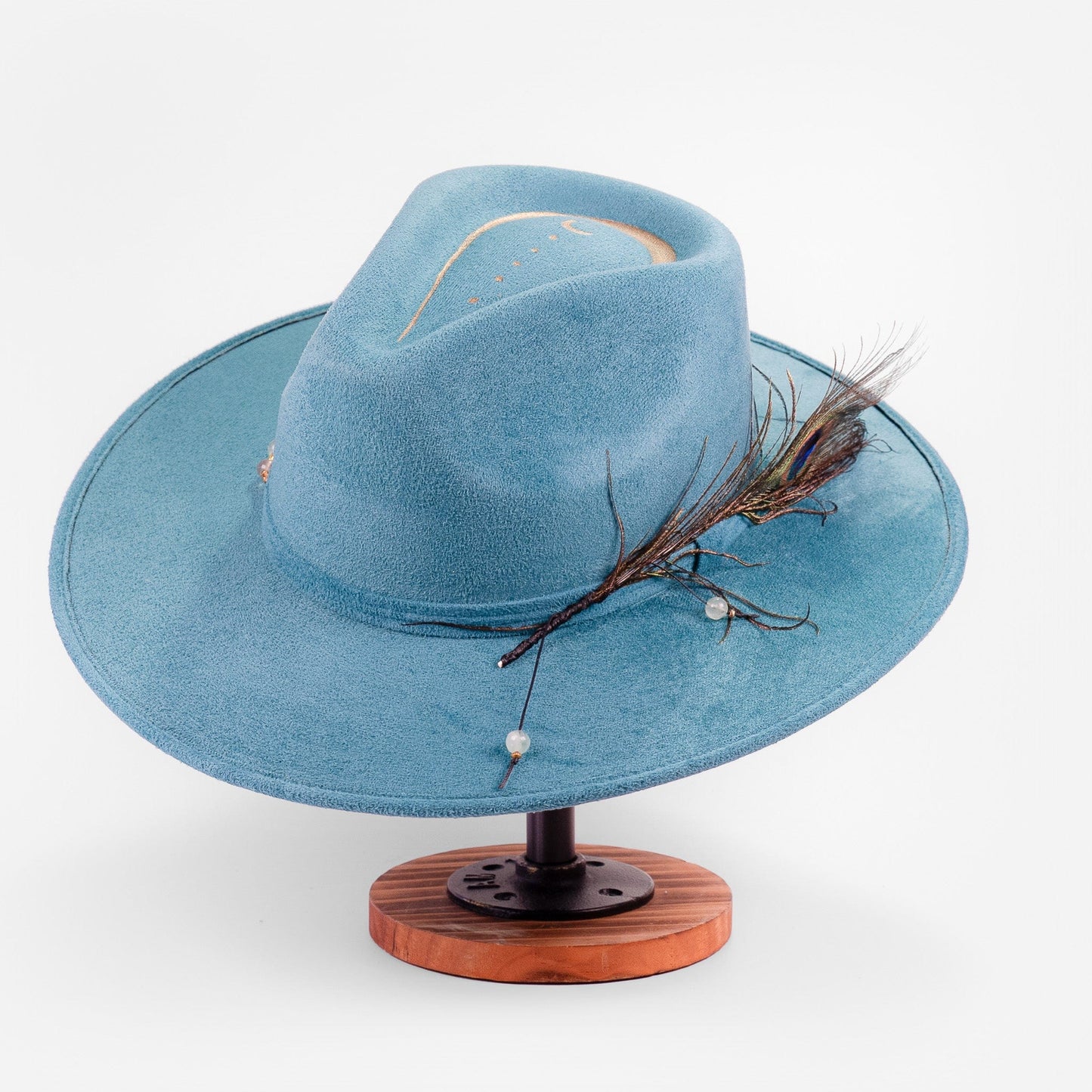 Aukala Hat Handcrafted Boho Nahual Celeste Hat – Teal Suede Fedora with Gold Moon, Peacock Feather & Beaded Details