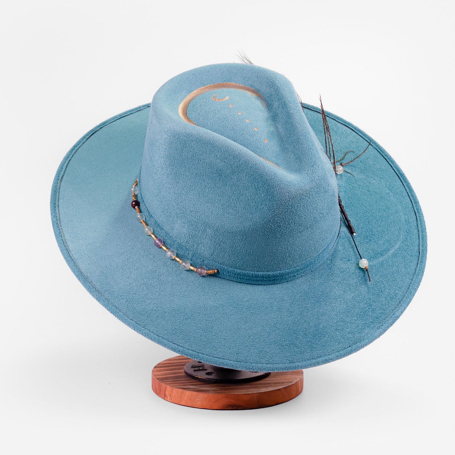Aukala Hat Handcrafted Boho Nahual Celeste Hat – Teal Suede Fedora with Gold Moon, Peacock Feather & Beaded Details