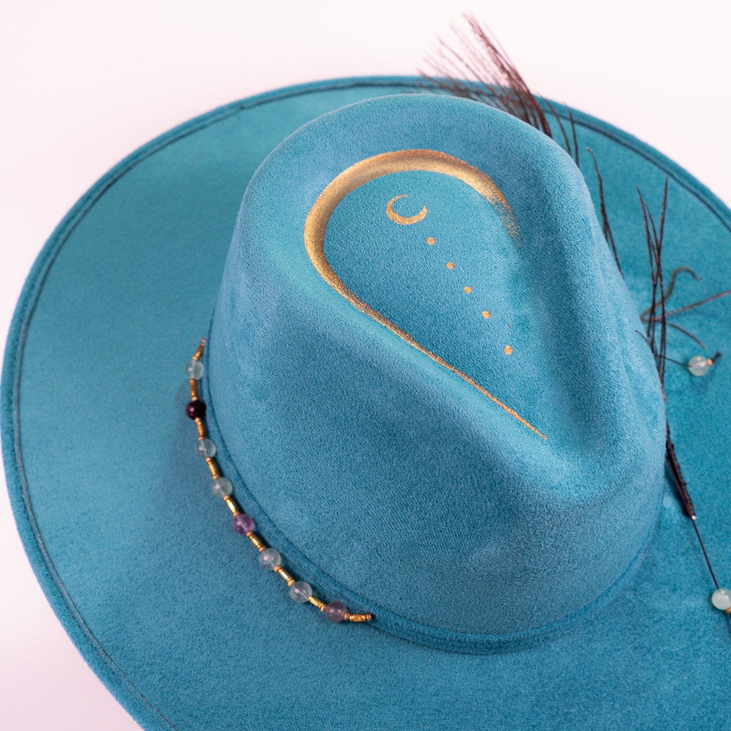 Aukala Hat Handcrafted Boho Nahual Celeste Hat – Teal Suede Fedora with Gold Moon, Peacock Feather & Beaded Details