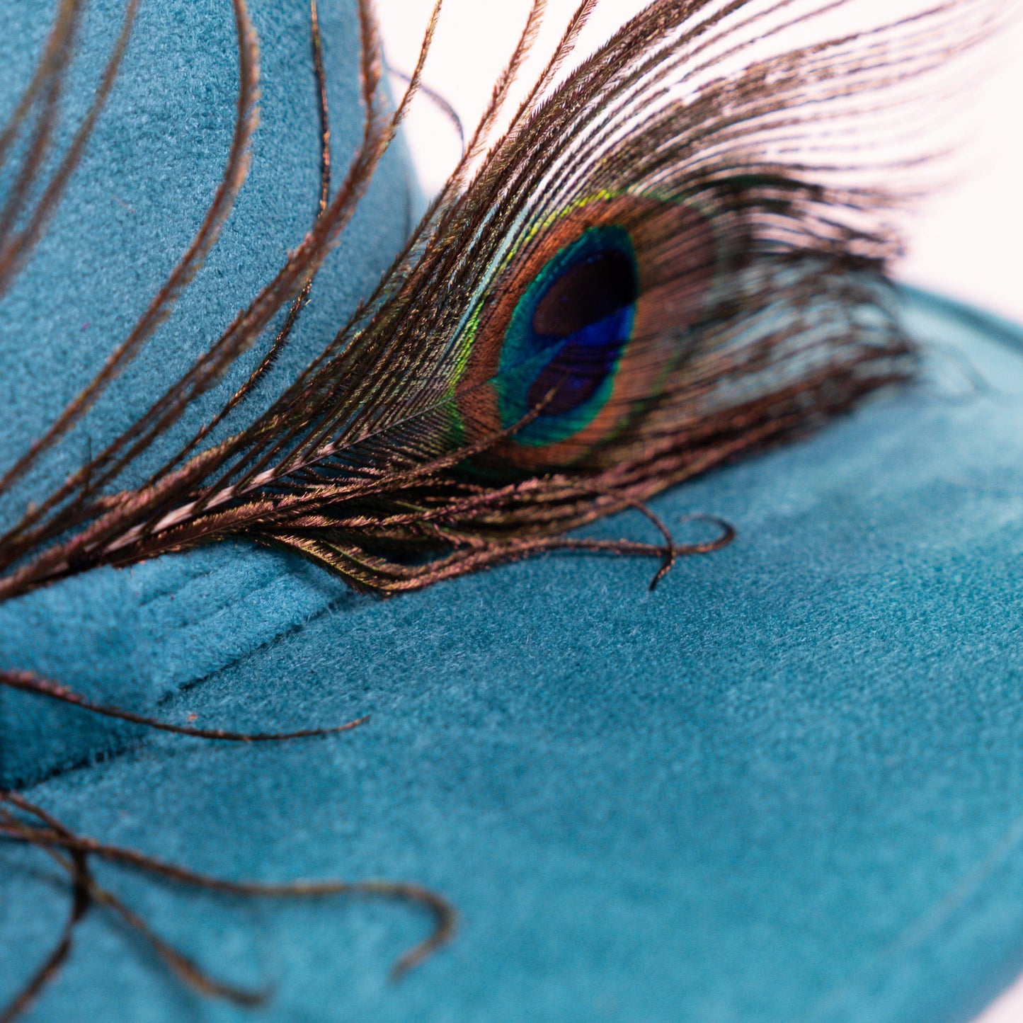 Aukala Hat Handcrafted Boho Nahual Celeste Hat – Teal Suede Fedora with Gold Moon, Peacock Feather & Beaded Details