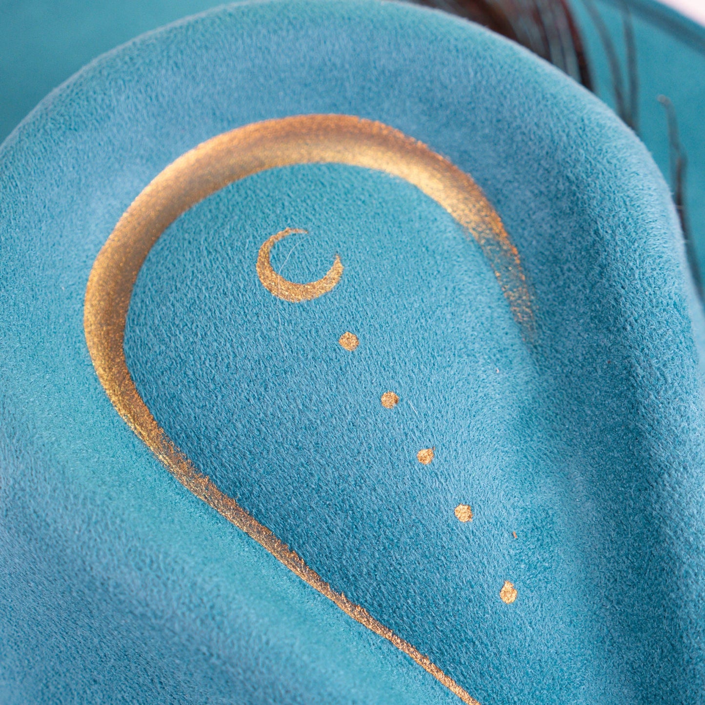 Aukala Hat Handcrafted Boho Nahual Celeste Hat – Teal Suede Fedora with Gold Moon, Peacock Feather & Beaded Details