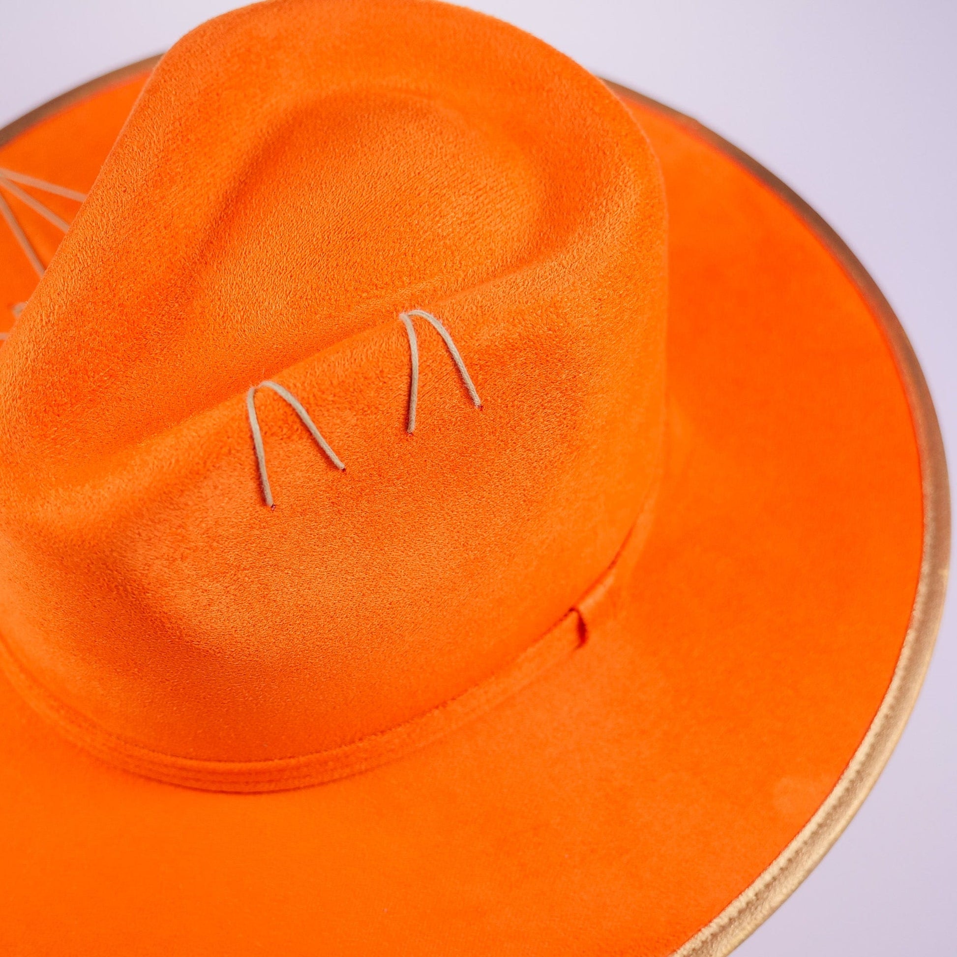 Aukala Hat Handcrafted Boho Orange Spirit Hat – Vibrant Suede Fedora with Gold Trim & Jade-Inspired Beads