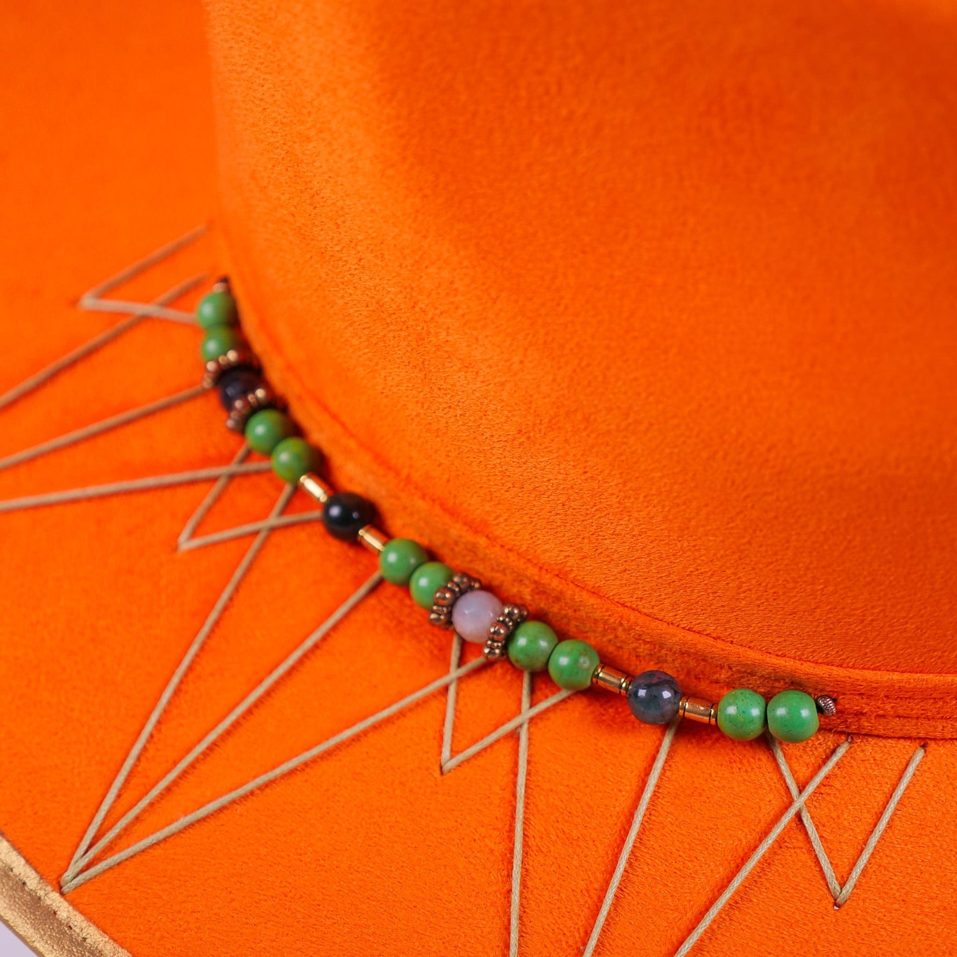 Aukala Hat Handcrafted Boho Orange Spirit Hat – Vibrant Suede Fedora with Gold Trim & Jade-Inspired Beads