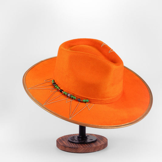 Aukala Hat Handcrafted Boho Orange Spirit Hat – Vibrant Suede Fedora with Gold Trim & Jade-Inspired Beads