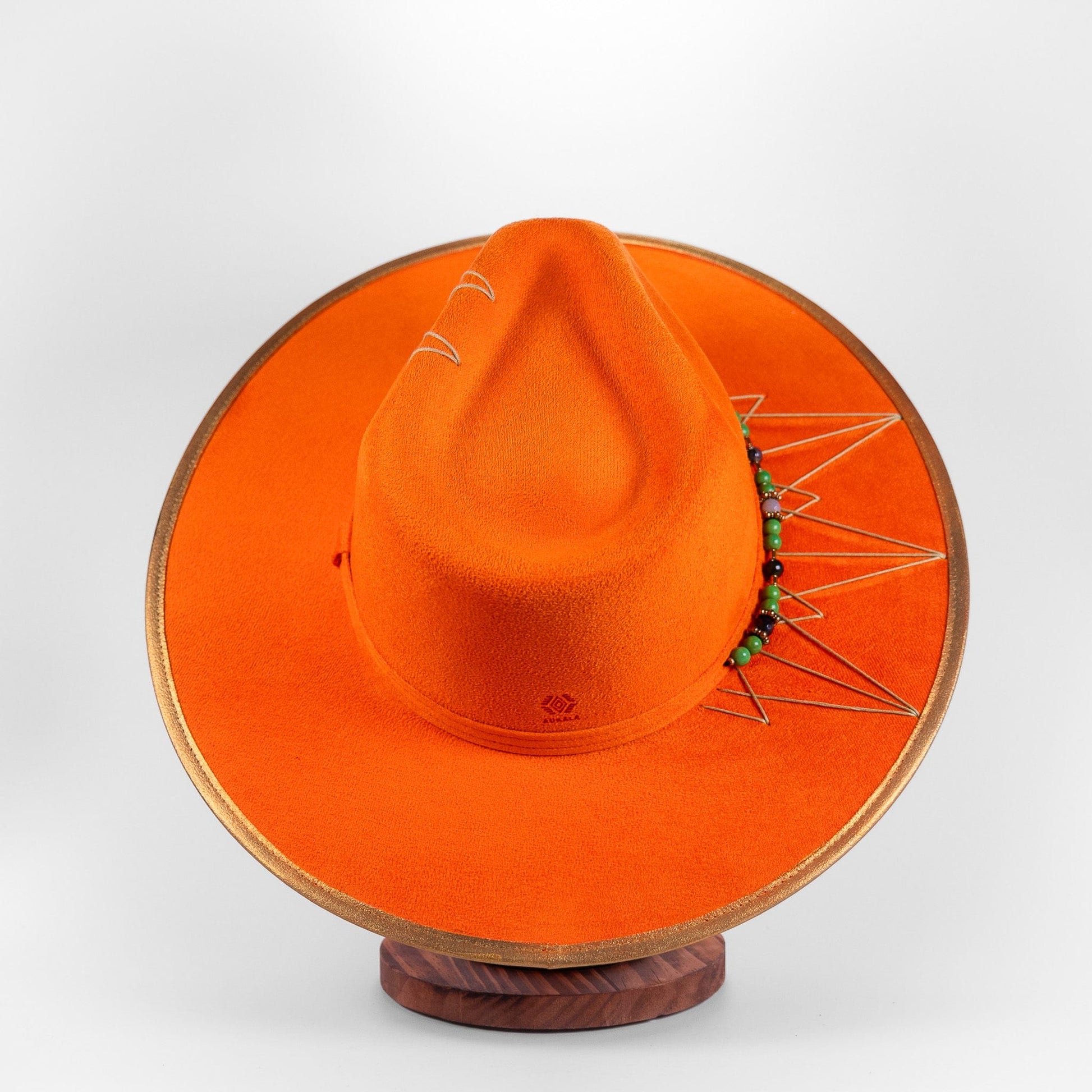 Aukala Hat Handcrafted Boho Orange Spirit Hat – Vibrant Suede Fedora with Gold Trim & Jade-Inspired Beads