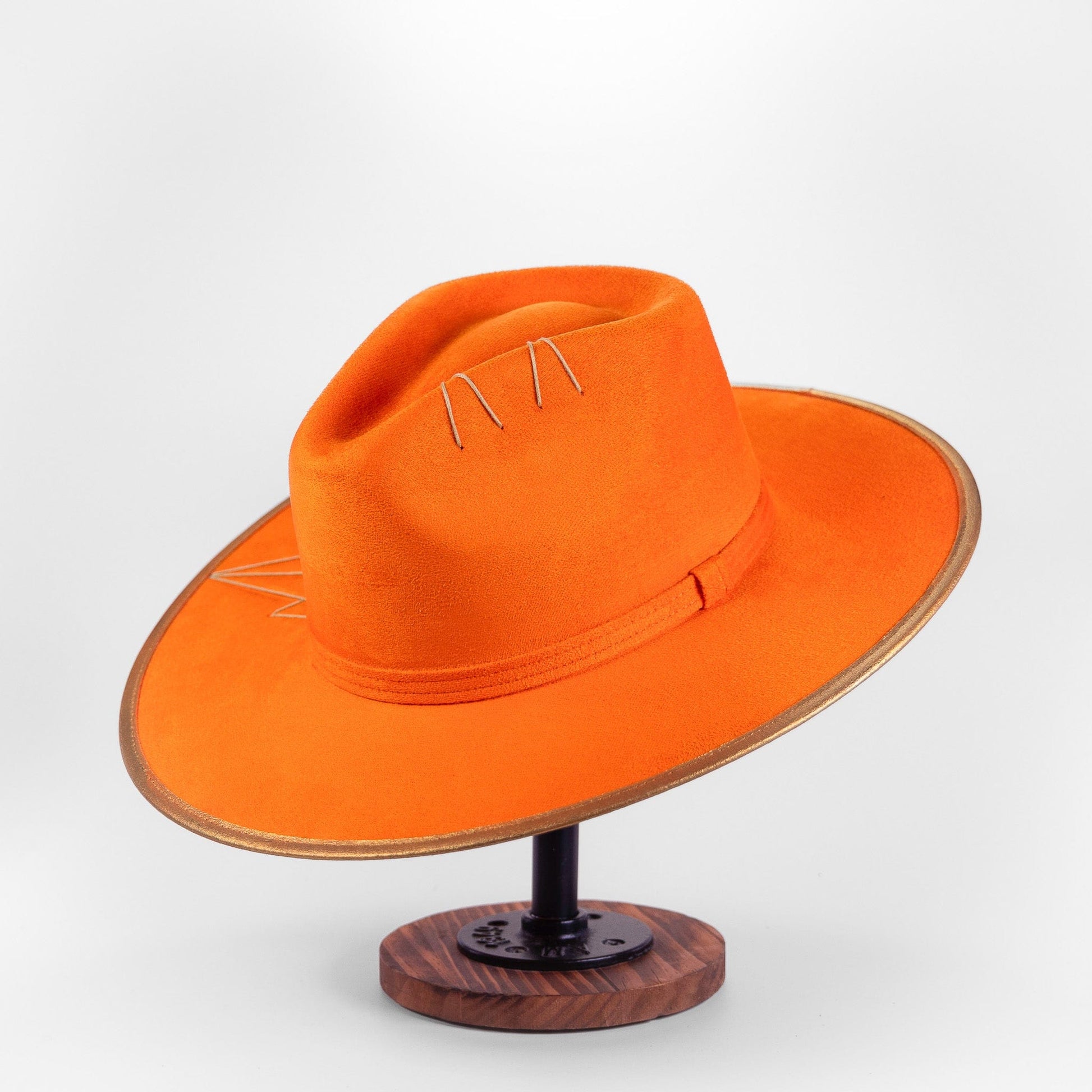 Aukala Hat Handcrafted Boho Orange Spirit Hat – Vibrant Suede Fedora with Gold Trim & Jade-Inspired Beads