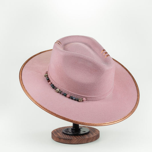 Aukala Hat Handcrafted Boho Pink Desert Hat – Rosado Suede Fedora with Gold Trim & Semi-Precious Beads