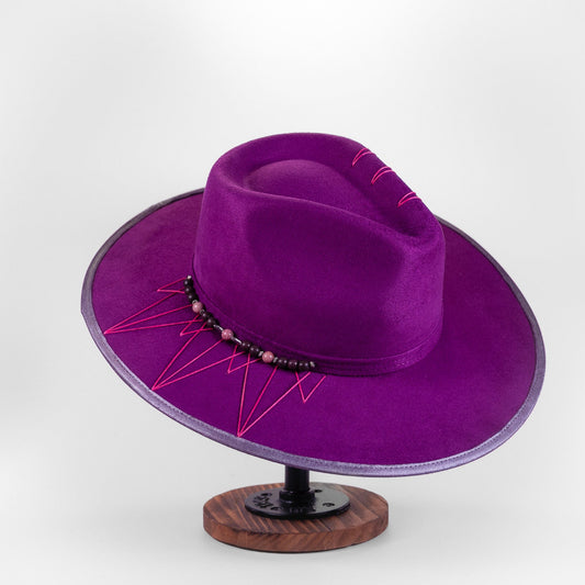 Aukala Hat Handcrafted Boho Purple Spirit Hat – Violet Suede Fedora with Pink Tribal Stitches & Semi-Precious Beads