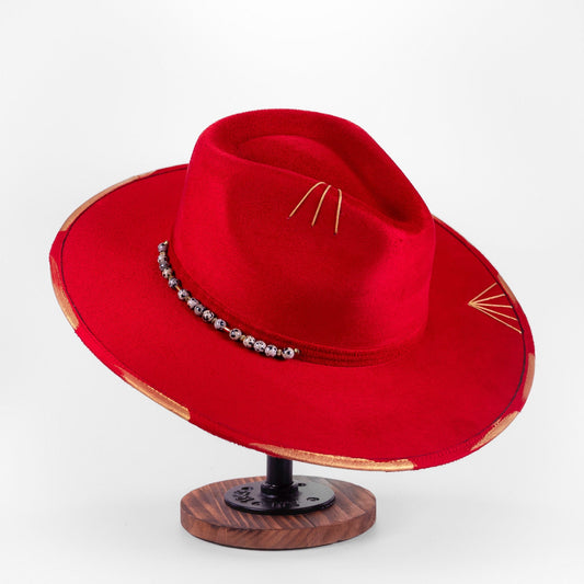 Aukala Hat Handcrafted Boho Red Eclipse Hat – Crimson Suede Fedora with Gold Stitching