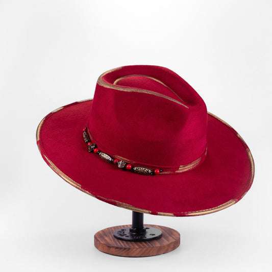 Aukala Hat Handcrafted Boho Red Moon Hat – Burgundy Suede Fedora with Gold Trim & Tribal Beaded Band