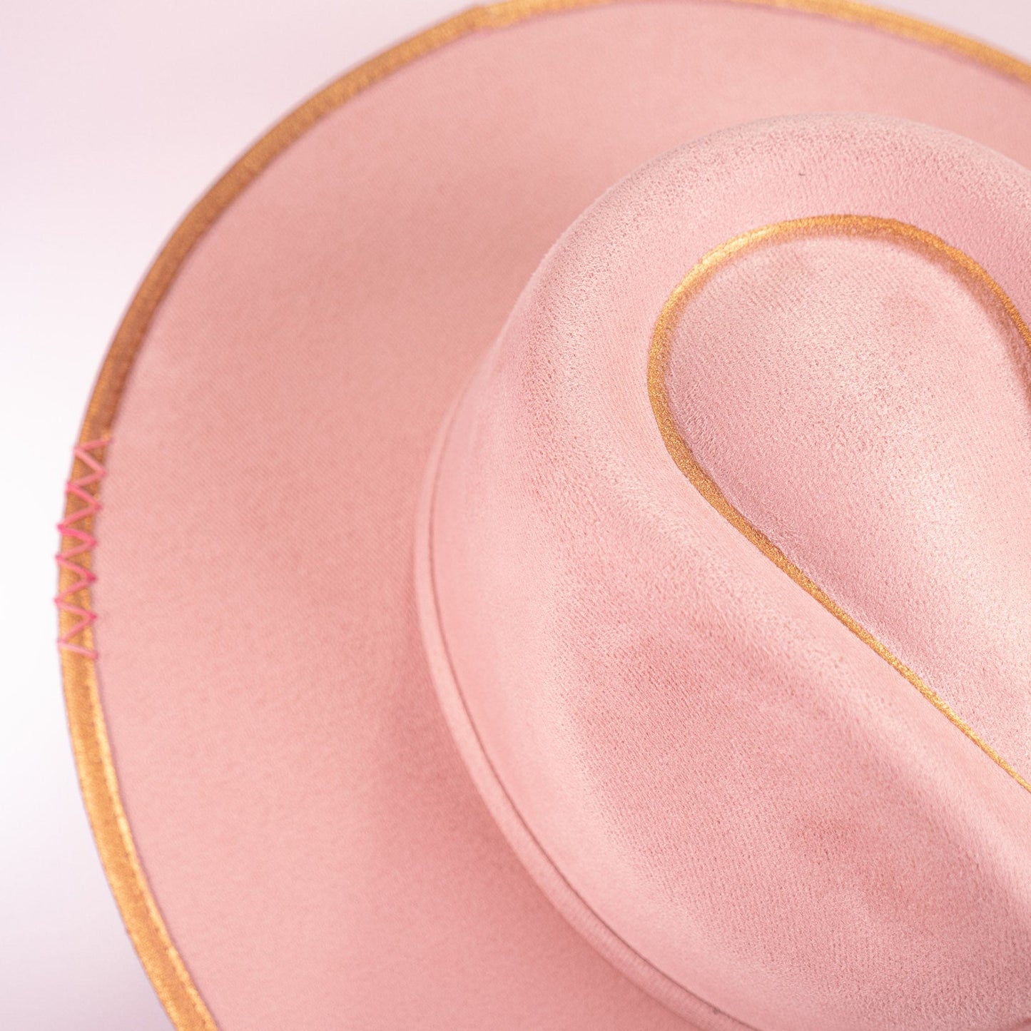 Aukala Hat Handcrafted Boho Rose Quartz Aura Hat – Blush Pink Suede Fedora with Gold Trim & Rose Quartz Accent