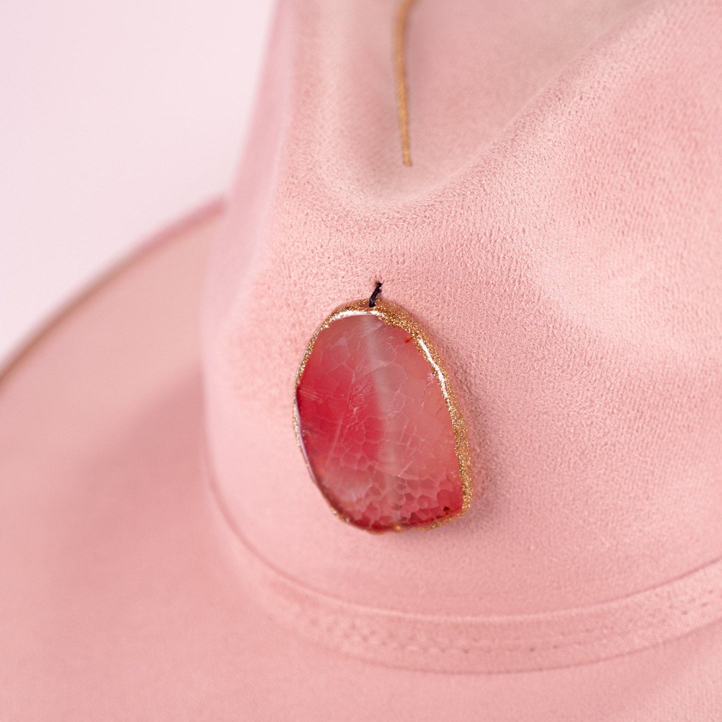 Aukala Hat Handcrafted Boho Rose Quartz Aura Hat – Blush Pink Suede Fedora with Gold Trim & Rose Quartz Accent