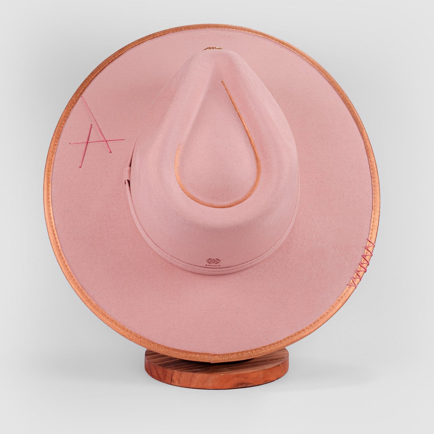Aukala Hat Handcrafted Boho Rose Quartz Aura Hat – Blush Pink Suede Fedora with Gold Trim & Rose Quartz Accent