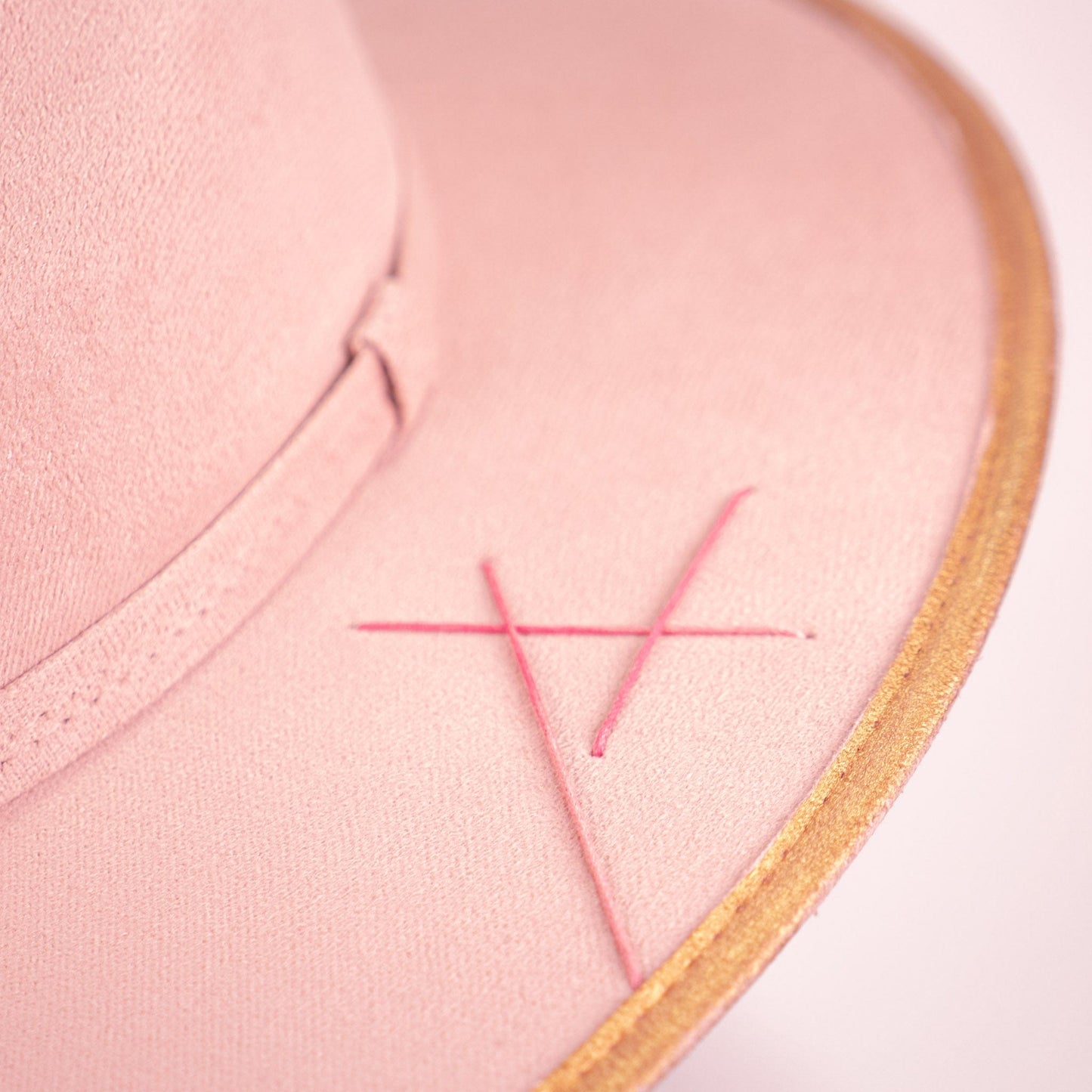 Aukala Hat Handcrafted Boho Rose Quartz Aura Hat – Blush Pink Suede Fedora with Gold Trim & Rose Quartz Accent