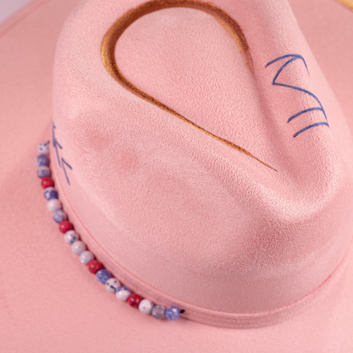 Aukala Hat Handcrafted Boho Sak Nah Rosa Hat – Blush Pink Suede Fedora with Gold Trim & Beaded Accent